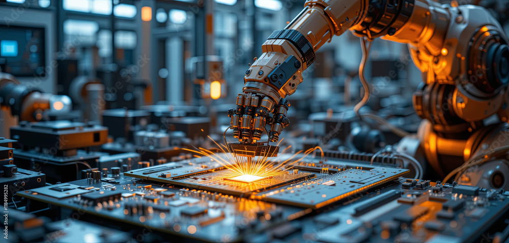 Poster a robotic arm is engaged in intricate tasks on a circuit board, surrounded by advanced machinery. th