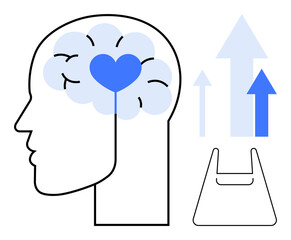 Human head outline with brain and heart shapes inside, arrows showing upward growth next to an empty shopping bag. Ideal for mental health, emotions, growth, shopping, mindfulness, progress
