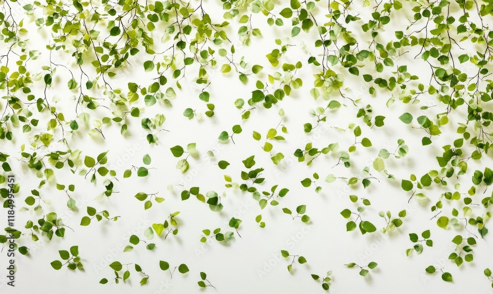 Poster white background with green leaves scattered all over it. the leaves are falling from the trees, cre