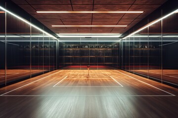 A modern squash court featuring sleek, mirrored walls and warm wooden flooring, exuding a refined atmosphere.