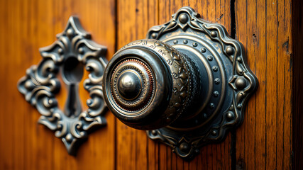 Fototapeta premium Close up of vintage round door knob on ornate metal plate with keyhole wooden door. Generative AI
