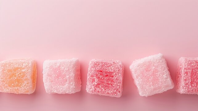 Pink turkish delight on pink, rahat lokum sweets, soft candy squares, confectionery flat lay, monochromatic food photography


