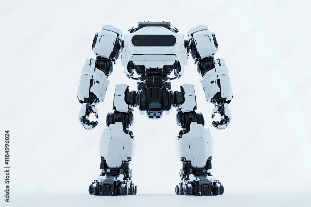 Poster a precise portrayal of a humanoid ai robot with an elegant design, located in a clean, minimalist te