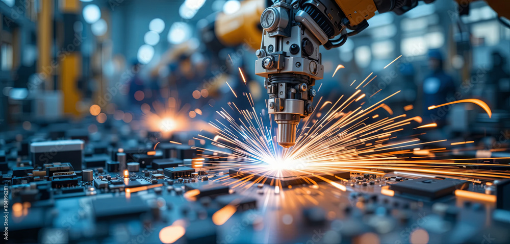 Poster a robotic arm performs welding on electronic components in a busy factory. sparks fly as precision e