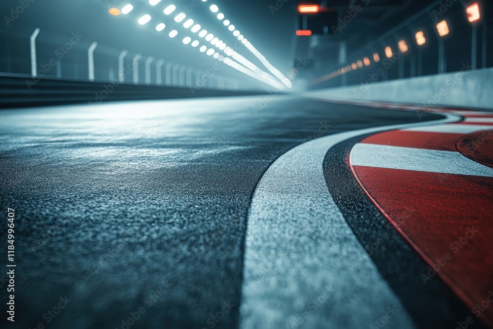 Poster close-up of a racetrack curve, illuminated by dramatic lights, creating a thrilling and dynamic atmo