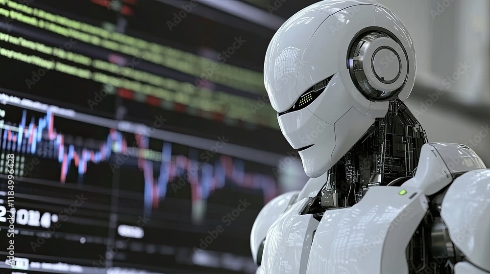 Aufkleber a futuristic robot faces a wall of data, processing and interpreting the information with its smart,