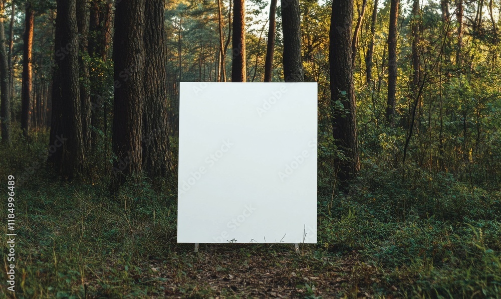 Poster white canvas is standing in a forest. the canvas is empty and ready to be painted. scene is calm and