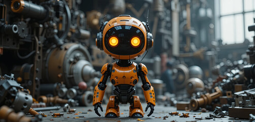 Fototapeta premium A small, orange robot with glowing eyes is positioned amidst a cluttered workshop. Surrounding it are various mechanical parts and tools, highlighting an industrial atmosphere