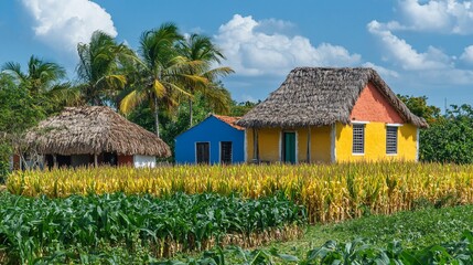 Colorful rural houses with thatched roofs amidst a vibrant cornfield under a sunny sky.