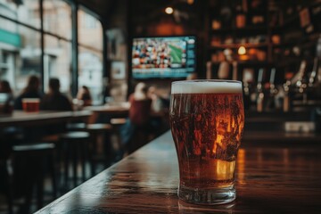 Enjoying craft beer at a lively pub with sports on display during the evening hours