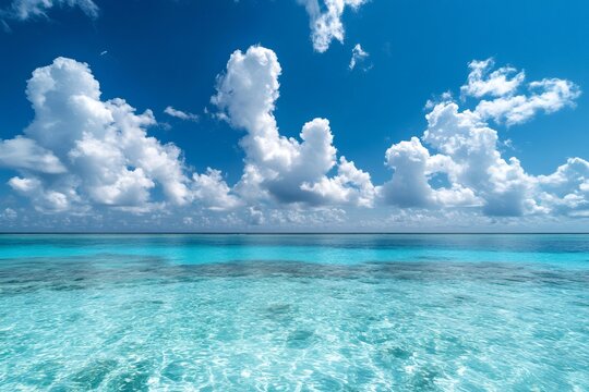 Crystal clear water meeting blue sky with white clouds in tropical paradise