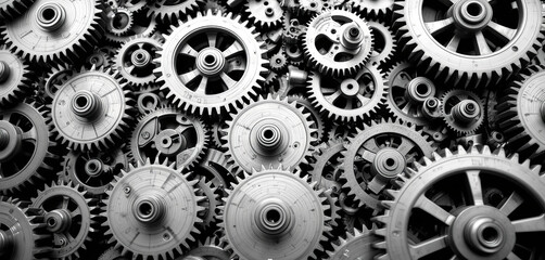 A collection of interconnected gears fills the frame, emphasizing the complex design and craftsmanship of machinery. The intricate details are displayed in shades of grey
