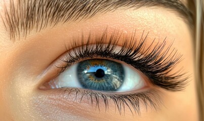 Obraz premium Woman's eye with long lashes and a blue iris. The eye is open and the lashes are curled