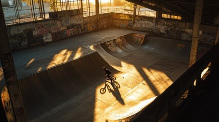 A male BMX rider performs tricks in a graffiti-covered skatepark at sunset, casting a long shadow.
