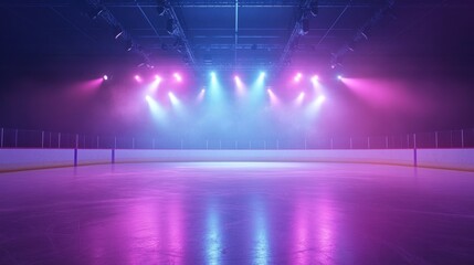 An illuminated ice rink under vibrant purple and blue stage lights, creating a dramatic atmosphere.