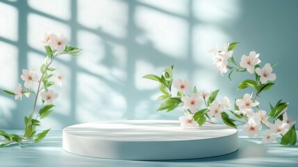 Easter spring background, Showcasing a product, white podium sits, gently accented by blooming cherry blossoms that drape around the base. ideal for product advertisement.