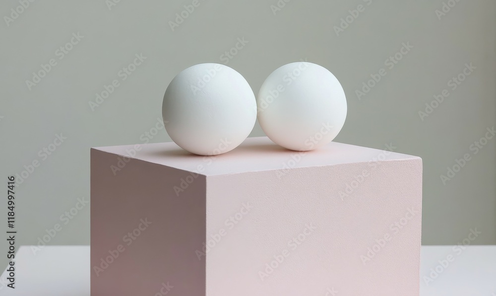 Aufkleber white cube with two white balls on top of it. the balls are placed on top of a pink block