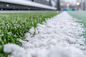 Snow falling on a synthetic soccer field during winter, covering grass and turf with a soft layer