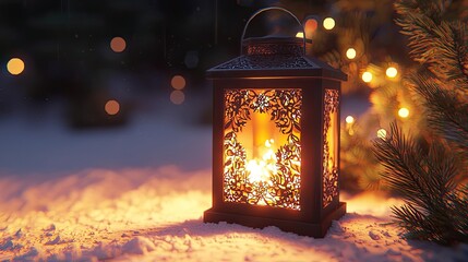 A beautifully lit lantern glows warmly in the snow, surrounded by twinkling lights and a pine tree, creating a cozy winter atmosphere.