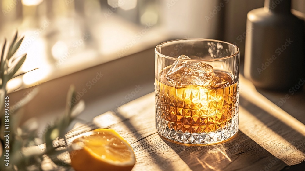 Poster crystal glass of whiskey with ice cubes and lemon slice on wooden table
