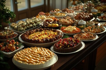 Obraz premium An inviting spread of diverse desserts and pastries artfully arranged on a table.