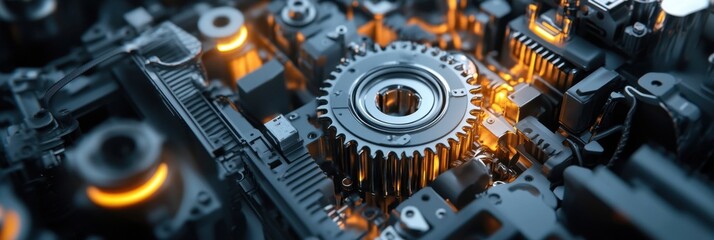 Workers concentrating on assembling engine components, the factory background softly blurred