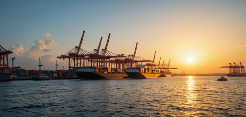 Fototapeta premium Cargo ships lined up at the docks reflect the warm colors of sunset as cranes work efficiently against a scenic sky. The tranquil water adds to the peaceful atmosphere