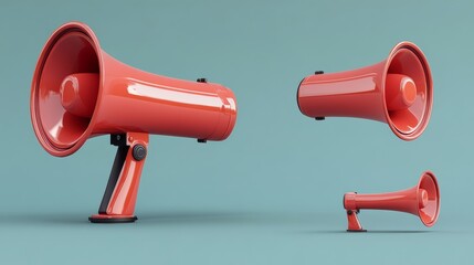 Red megaphone 3d in different angles for announce and promotion campaign. Realistic vector loudspeaker on transparent background. Public communication and attention or marketing promotion concept