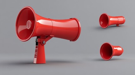 Red megaphone 3d in different angles for announce and promotion campaign. Realistic vector loudspeaker on transparent background. Public communication and attention or marketing promotion concept