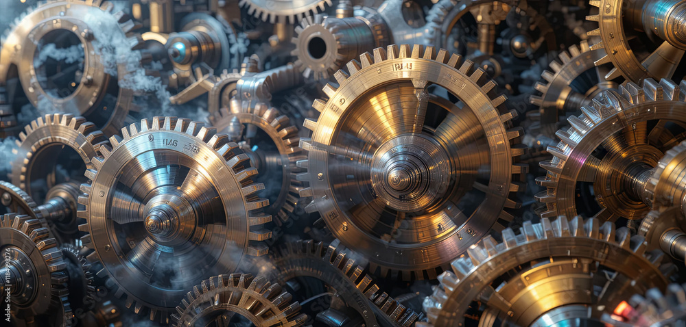 Poster intricate metallic gears and cogs are clustered together, creating an industrial landscape. wisps of