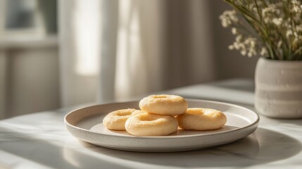 A minimalistic arrangement of crispy dough rings on a light ceramic plate, set against a softly lit background with a vase of flowers