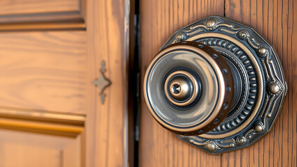 Close up of vintage round door knob on ornate metal plate with keyhole wooden door. Generative AI