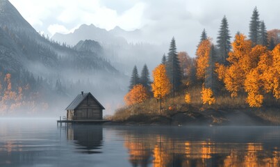 Obraz premium Wooden cabin on still water, surrounded by misty mountains and autumn trees.