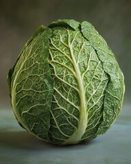 Fototapeta premium A fresh green cabbage with intricate leaf patterns on a soft green background.