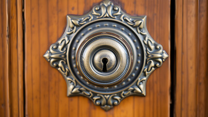 Fototapeta premium Close up of vintage round door knob on ornate metal plate with keyhole wooden door. Generative AI