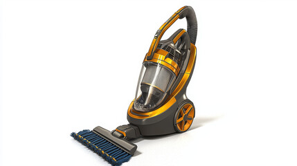 Fototapeta premium Gold and gray upright vacuum cleaner with brush attachment.