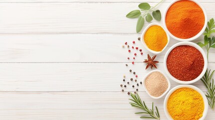 Spices and herbs flat lay, cooking ingredients on white wood, colorful spices background, culinary herbs and spices, copy space white planks


