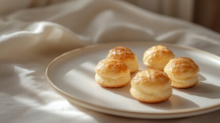 A minimalistic arrangement of small profiteroles on a white plate, set against a soft, light background