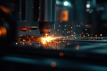 Close-up of a CNC machine cutting metal, producing vibrant sparks in a dimly lit workshop.