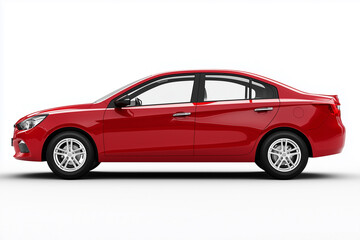 Obraz premium red 4 door compact economy car, photorealistic, side view, white background