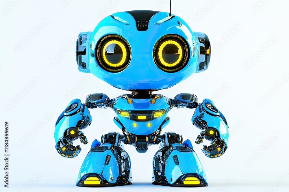 Poster in a 3d rendering style, a cute robot with large eyes and a cartoonish appearance stands against a b