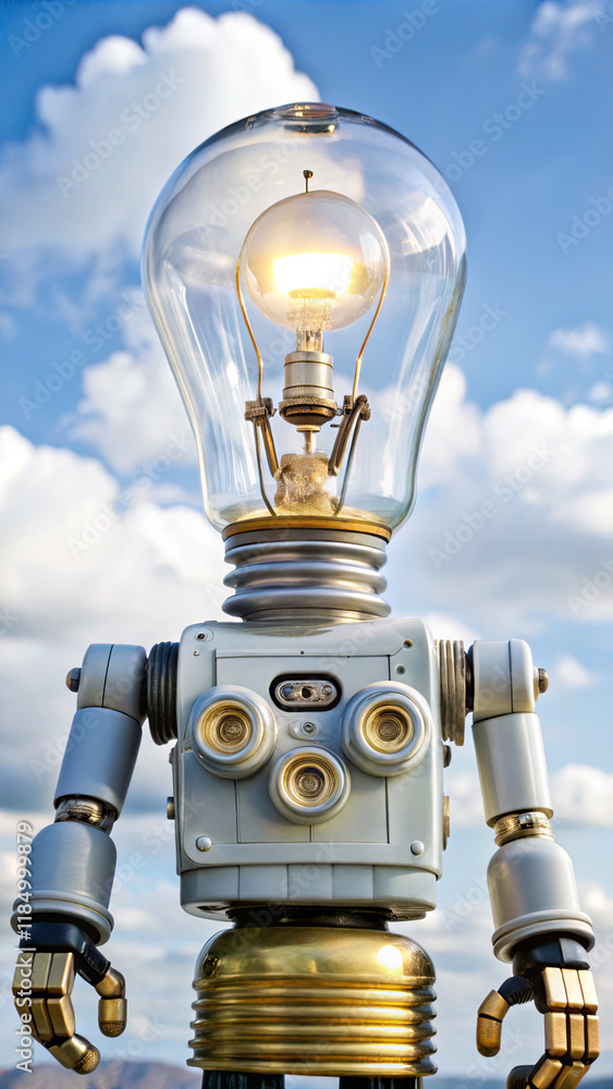 Aufkleber a creative robot character designed with a light bulb as its head stands against a backdrop of fluff