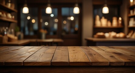 Empty wooden table in focus in a cozy cafe setting, surrounded by softly glowing lights and shelves filled with various items and pastries, creating a warm and inviting atmosphere.