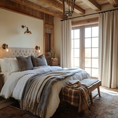Luxury bedroom featuring plush headboard and trendy decorative pillow accents image