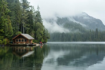 Fototapeta premium Serene lakeside cabin amidst misty mountains and lush forests, reflecting tranquility and nature's beauty.