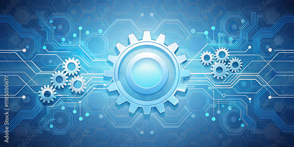 Poster gears of various sizes connect through intricate circuit patterns, depicting the synergy between mec