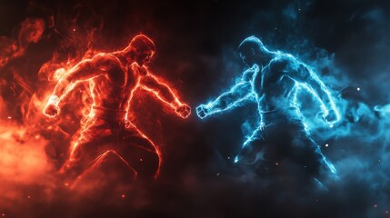 Smoke with red and blue neon light effect for mma or box fight poster. Colored steam with overlay effect as versus flyer for confrontation between two sport teams. Realistic vector of fog with vs haze