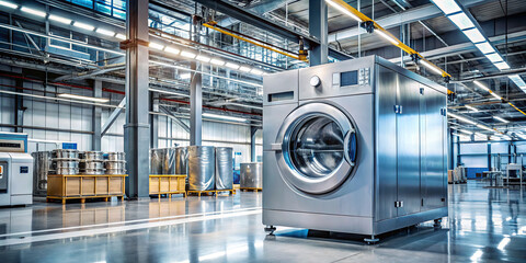 A large, modern laundry machine stands in a clean industrial facility, surrounded by other equipment and storage containers. The bright lighting highlights the efficient layout