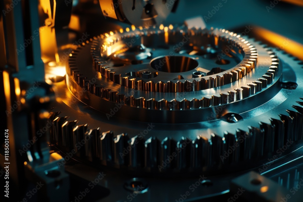 Poster close-up of intricate metallic gears illuminated by warm light, showcasing precision engineering and