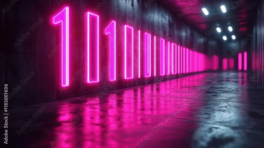 Sticker Pink neon numbers in dark corridor.